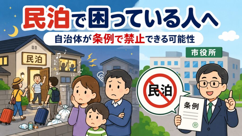 騒音やゴミに困る住民と、条例で民泊を禁止できる可能性を示す自治体のイラスト。